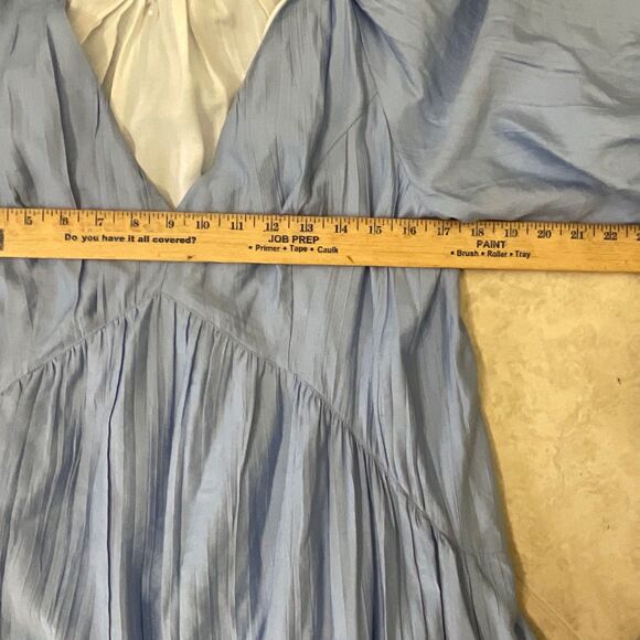 FRAME Shirred  V-Neck Puff Sleeves Midi Dress women’s S Blue part lined Tiered* - Picture 9 of 12